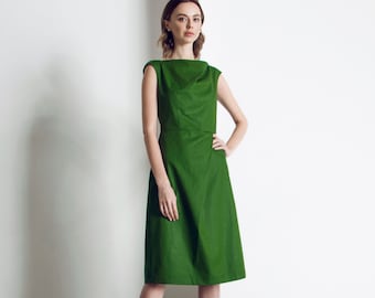 Green cotton dress, assymetric cut dress, flare dress, modern office dress, casual summer dress, plus size summer dress, green weddind dress
