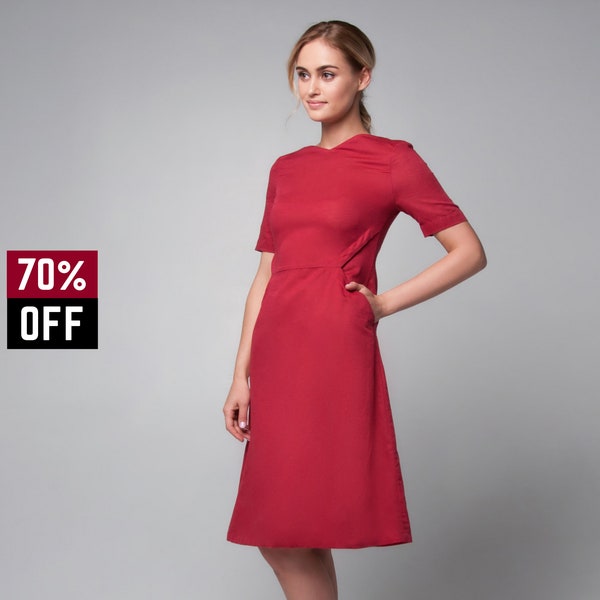 Red summer linen dress, summer dress, cocktail dress, party dress, business dress, marsala dress, v-neck dress, a-line dress, rose dress