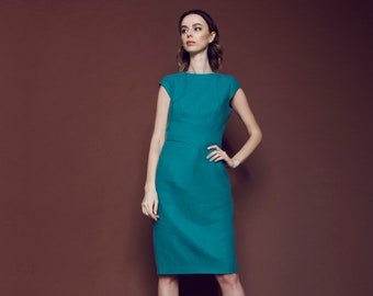 Blue linen sheath dress, wedding dress, flare dress, business attire, holiday dress up ideas, dress as a gift, vintage dress, summer dress