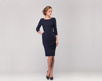 Wollen jurk, donkerblauwe potloodjurk met zakken, marineblauwe wollen schede jurk, Kate Middleton jurk, getailleerde jurk, elegante jurk, trouwjurk