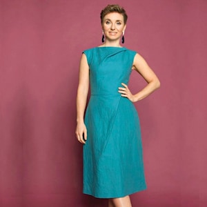 Blue Wedding guest linen dress, blue dress with cotton lining and wide skirt, summer dress for women plus size, vintage flare dress, boho