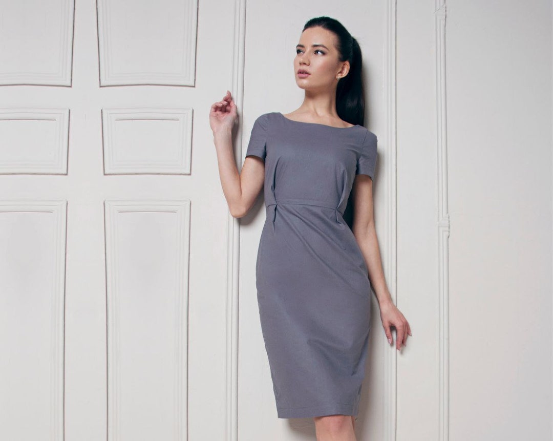 Gray cotton sheath summer dress, summer strict business dress, vintage dress, fitted midi dress, wedding guest dress, Kate Middleton dress Gray cotton sheath summer dress, summer strict business dress, vintage dress, fitted midi dress, wedding guest dress, Kate Middleton dress
