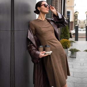 Brown Wool Dress Wide Skirt, brown wool long skirt, office dresses, Kate Middleton dress, womens wool dresses, a-line dress, guest dress