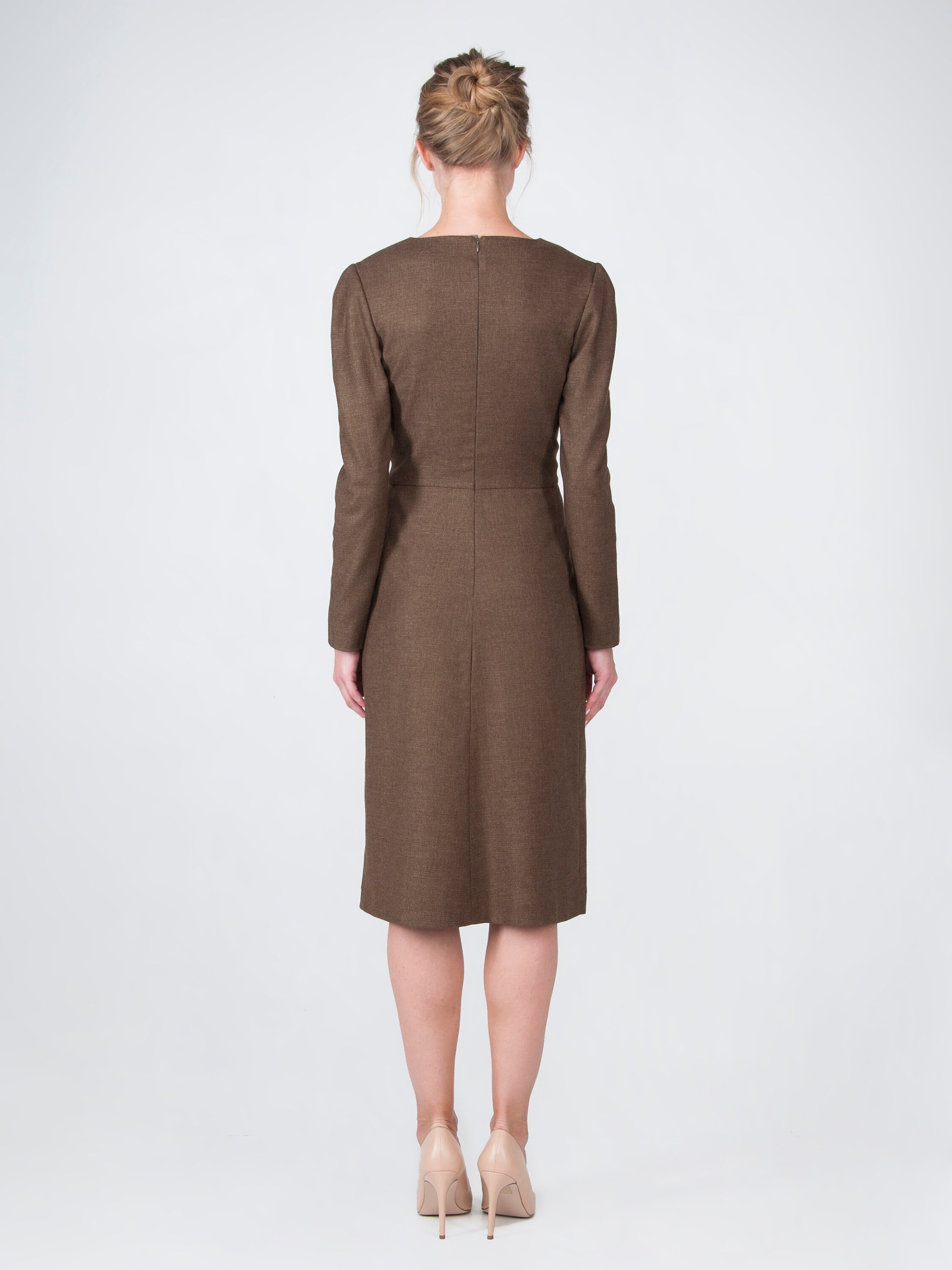 Brown Wool fit and flare dress, office dress, formal dress, dress for work, plus size prom dress, V-neck long dress, guest wedding dress Brown Wool fit and flare dress, office dress, formal dress, dress for work, plus size prom dress, V-neck long dress, guest wedding dress