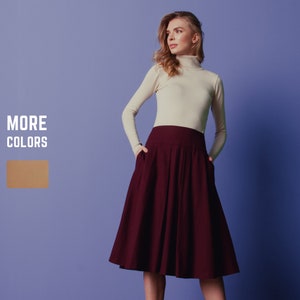 Burgundy pleated woolen skirt, red midi skirt, winter skirt, solemn skirt, skirt with folds, warm skirt, business skirt with pockets, boho