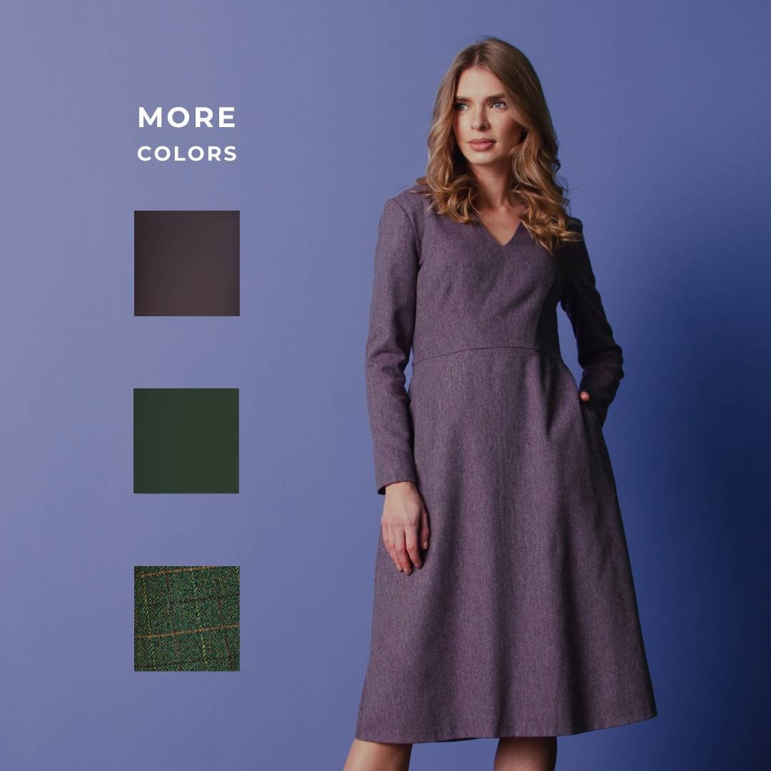 Purple Dress Wool Dress Office Dress Business Dress Midi Etsy