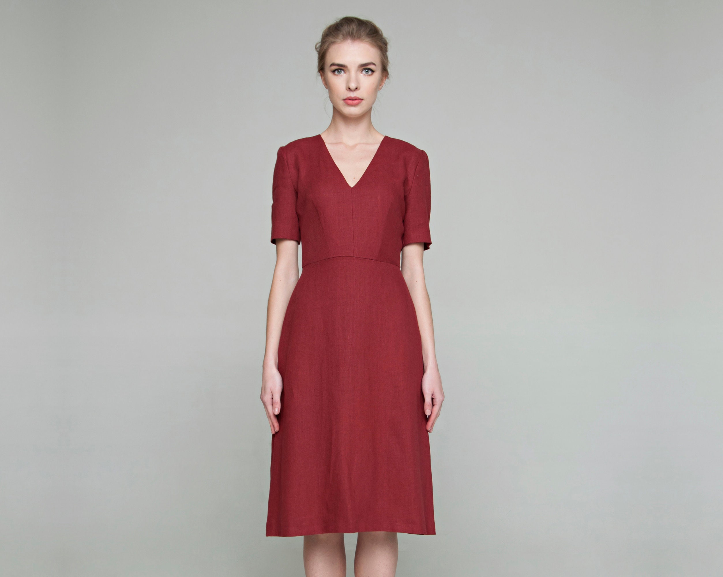 Red Linen Dress V-Neck, Kate Middleton Dress, Elegant Summer Burgundy Prom Cottagecore A-Line Office Boho