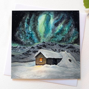 Aquarel kaart besneeuwde berghut
