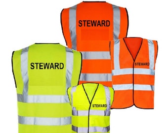 Printed  STEWARD Hi Viz Safety Reflective Hi Visibility Vest, Safety Work Wear 7 Sizes Small-4XL Yellow or Orange