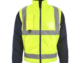 Yellow and Navy Reversible Hi Visibility Body Warmer with Detachable Sleeves 7 Sizes