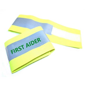 XL Hi Visibility Reflective Yellow Armband Printed FIRST AIDER 18&quot; x 4&quot;
