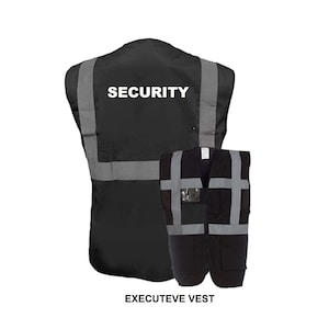 Hi Visibility Black Vest Printed SECURITY on Back Standard or Executive Version 8 Sizes