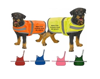 Hi Visibility Refective Dog Coat Personalised "REACTIVE DOG" 6 Colours and 3 Sizes
