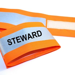 XL Hi Visibility Reflective Orange or Yellow Armband Printed STEWARD  Two lengths18&quot; x 4&quot; or 22&quot; x 4&quot;