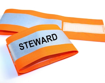 XL Hi Visibility Reflective Orange or Yellow Armband Printed STEWARD  Two lengths18" x 4" or 22" x 4"