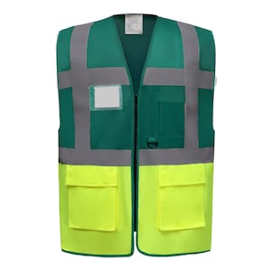 May include: Green and yellow safety vest with reflective strips, two pockets on the front, and a zipper closure.