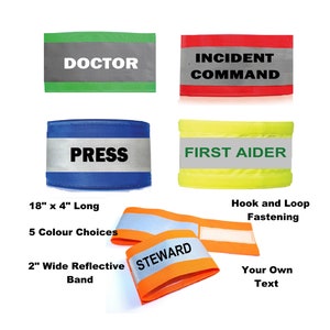 18&quot; x4&quot; Personalised Reflective Hi Visibility Viz Identification Armbands Arm Bands 5 Colour options