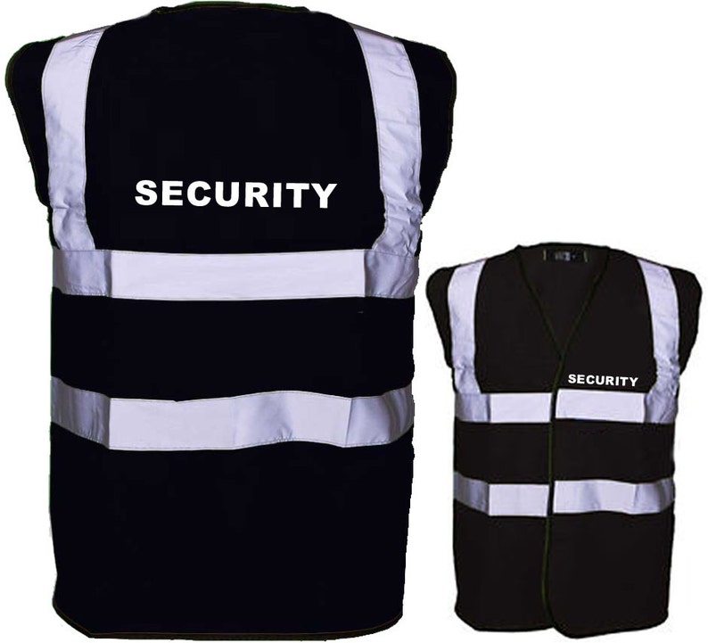 Black Security Safety Reflective Hi Visibility Vest, Printed on Rear