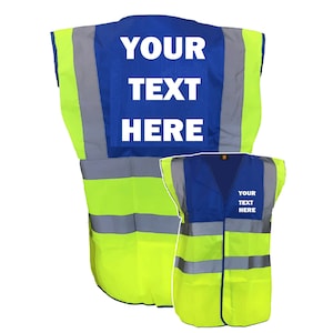Personalised Yellow Hi Visibility Vest With Blue Yoke and Reflective Bands 6 Sizes