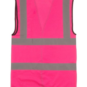 May include: A pink safety vest with three reflective silver stripes. The vest has a V-neck and is sleeveless.