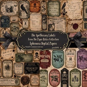 Puede incluir: Una colección de etiquetas de estilo boticario con ilustraciones de calaveras, esqueletos, cuervos y plantas botánicas. El texto incluye nombres como Poison, Arsenic, Belladonna y Strychnine, superpuesto con un gráfico de cinta negra.
