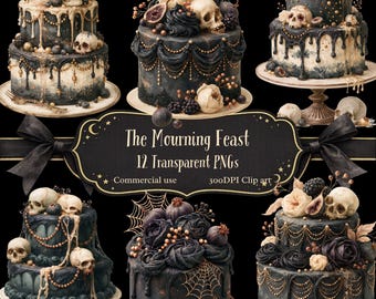 The Mourning Feast, Gothic Wedding Cake PNG Clipart. Black Skull Cakes, Dark Academia Dessert Art . Gothic Wedding, Halloween Cake Clipart