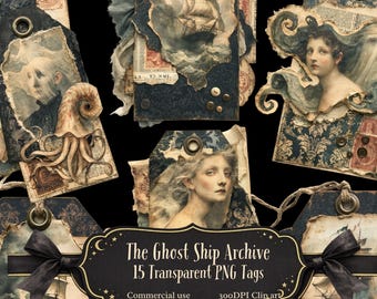 The Ghost Ship Archive PNG Clipart . Vintage Nautical Junk Journal Tags . Dark Academia Ocean Ephemera . Gothic Sea Collage. Ghosts.