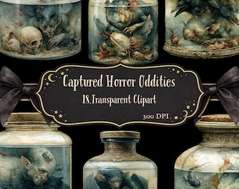 The Captured Horror oddities Clipart, Specimen Jars, Victorian Curiosity PNG , Goblins Magical Creatures