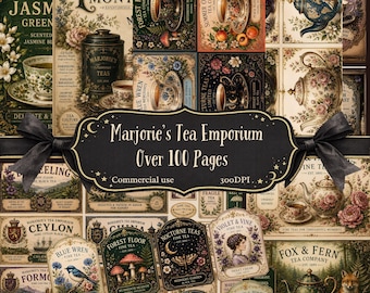 Luxury Victorian Tea Journal Kit , 100+ Printable Junk Journal Pages . Tea Ephemera, Botanical Papers, Vintage Tea Labels