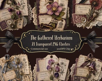 The Gathered Herbarium Botanical Clipart. Layered Floral Ephemera Clusters. Vintage Flower Junk Journal PNG. Digital Download