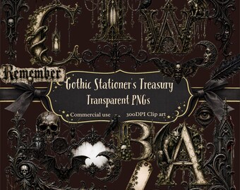 Gothic Frames, Monograms and Stationery PNG Bundle. Gothic Ephemera, Junk Journal Clipart, Dark Academia