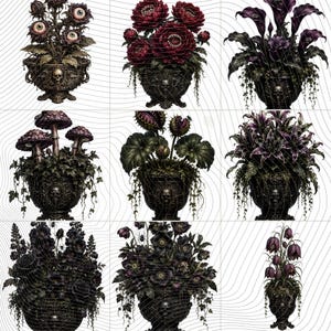 May include: A grid of nine ornate black urns featuring skull motifs, each containing a different botanical arrangement including eyeball flowers, toothy red roses, dark calla lilies, mushrooms, venus flytraps, and purple lilies.