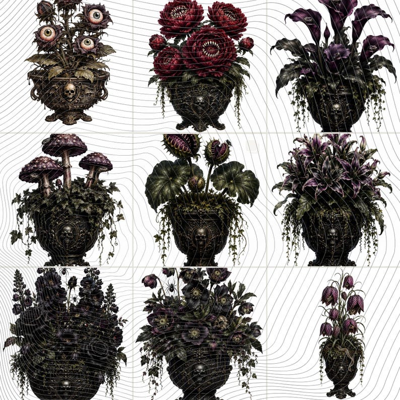 May include: A grid of nine ornate black urns featuring skull motifs, each containing a different botanical arrangement including eyeball flowers, toothy red roses, dark calla lilies, mushrooms, venus flytraps, and purple lilies.
