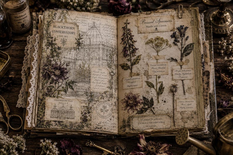 May include: An open book with aged, sepia-toned pages featuring botanical illustrations and text. The left page shows a greenhouse sketch labeled Blackthorn Conservatory. The right page displays pressed specimens with labels like Pressed Specimens.