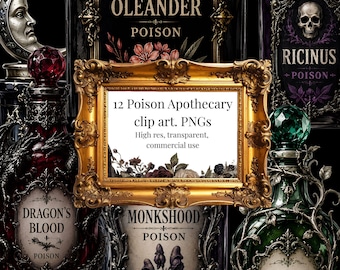 Poison Apothecary Clip Art PNG Bundle, Gothic Victorian Poison Bottles, Dark Academia Witchy Botanical Graphics, Commercial Use