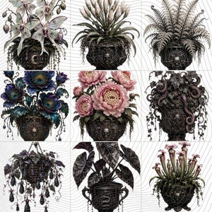 May include: A grid of nine decorative black urns featuring intricate skull and ornate carvings, each containing distinct botanical arrangements including moths, ferns, peacock feathers, pink peonies, octopus tentacles, and pitcher plants.
