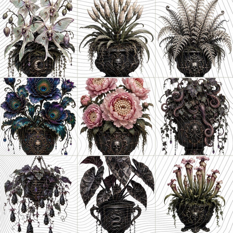 May include: A grid of nine decorative black urns featuring intricate skull and ornate carvings, each containing distinct botanical arrangements including moths, ferns, peacock feathers, pink peonies, octopus tentacles, and pitcher plants.