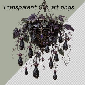May include: A hanging planter featuring dark purple foliage and multiple bat-shaped ornaments suspended from chains. The planter has an ornate black structure with a central purple gemstone. The text Transparent Clip art pngs is visible.