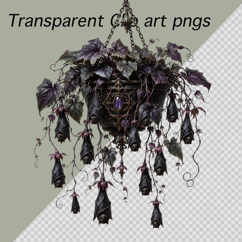 May include: A hanging planter featuring dark purple foliage and multiple bat-shaped ornaments suspended from chains. The planter has an ornate black structure with a central purple gemstone. The text Transparent Clip art pngs is visible.