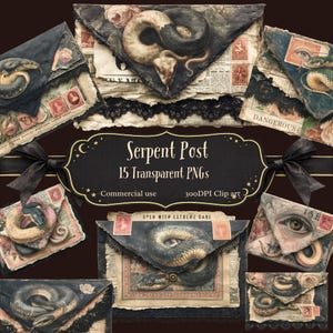 Könnte beinhalten: Eine digitale Sammlung von 15 transparenten PNG-Cliparts mit Umschlägen im Vintage-Stil, verziert mit gewundenen Schlangen, Blumenmustern, Briefmarken und Spitzenbesatz. Der zentrale Text lautet Serpent Post 15 Transparent PNGs.