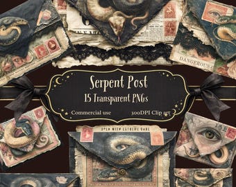 Serpent Post PNG. Gothic Snake Layered Envelopes, Dark Academia Junk Journal Clipart , Victorian Ephemera, Transparent, Commercial Use