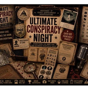 Pode incluir: Um kit de festa imprimível intitulado Ultimate Conspiracy Night, apresentando uma caixa estilo mala, dossiês de investigação, cartões de missão secreta, folhas de bingo, um cartão de identificação e um certificado.