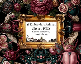 Beetle and floral clipart, transparent PNGs. Vintage Entomology. Whimsical Gothic insects.