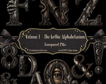 The Grand Gothic Alphabet PNG Bundle. Decorative Letters, Numbers, Symbols & Punctuation. Dark Academia Clipart. Junk Journal Ephemera