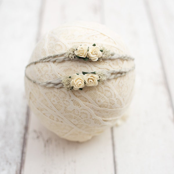 Grey and cream newborn headband prop. ANGEL WINGS Gray headband prop. Cream flowers headband. Grey headband prop. Newborn photo shoot. Stret