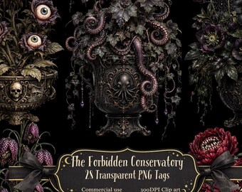 The Forbidden Conservatory Clipart .  Weird & Wonderful Gothic Plants . Dark Botanical PNG .Creepy Flowers.  Victorian Curiosity
