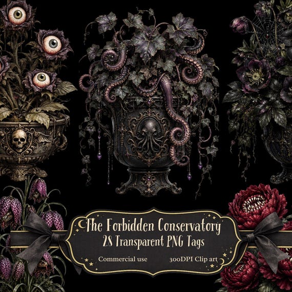 The Forbidden Conservatory Clipart .  Weird & Wonderful Gothic Plants . Dark Botanical PNG .Creepy Flowers.  Victorian Curiosity