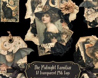 The Midnight Familiar Gothic Tags Clipart, Witchy Layered Ephemera PNGs, Vintage Witch Bat and Black Cat Junk Journal Tags