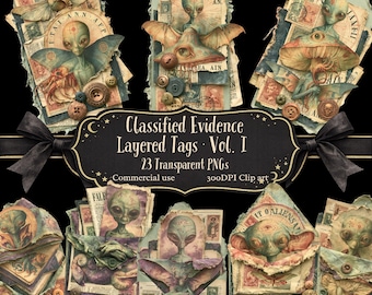 Classified Evidence PNG,  Alien Layered Tags, UFO Junk Journal Clipart , Vintage Sci-Fi Ephemera