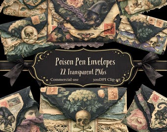 Poison Pen Layered Envelopes PNG, Gothic Junk Journal Clipart. Dark Academia Botanical Mail Art , Vintage Ephemera. Commercial Use